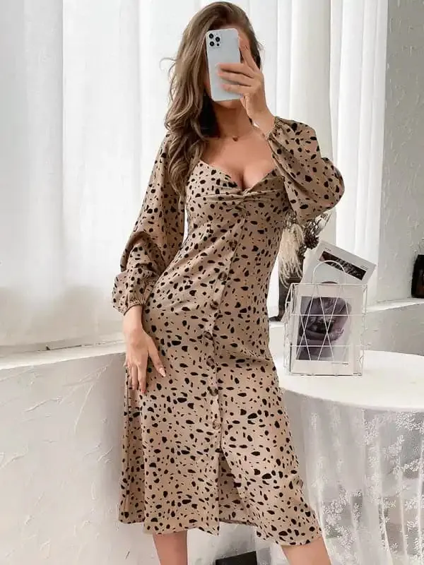 Women’s retro women’s leopard print backless long-sleeved elegant dresses