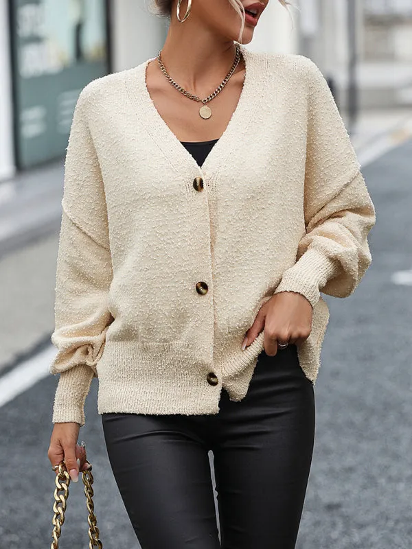 Women's V-neck button solid color knitted cardigan women's coat sweater