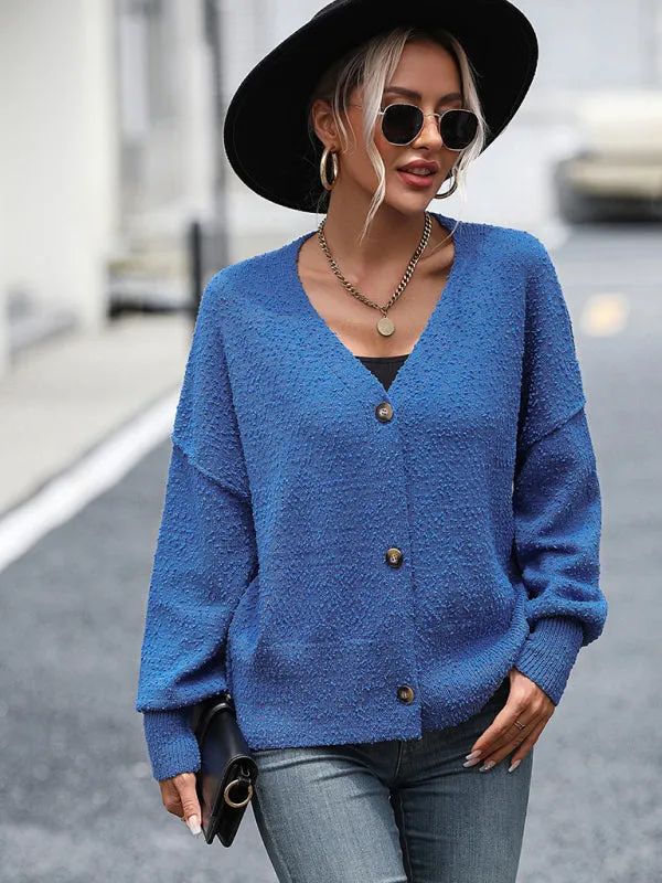 Women's V-neck button solid color knitted cardigan women's coat sweater